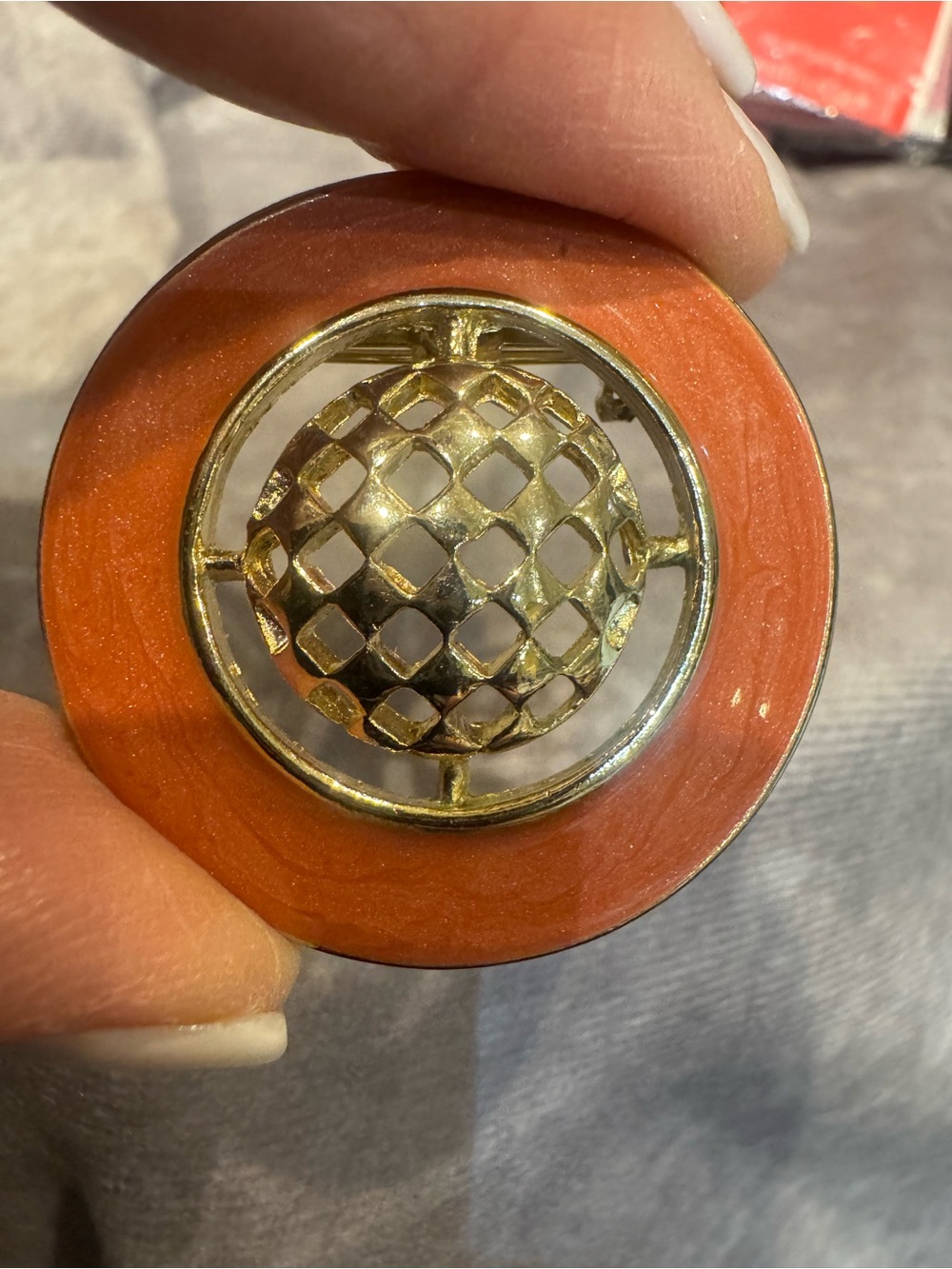Ernst Bek vintage Lattice Dome Button Accent Burnt Orange Enamel brooch pendant